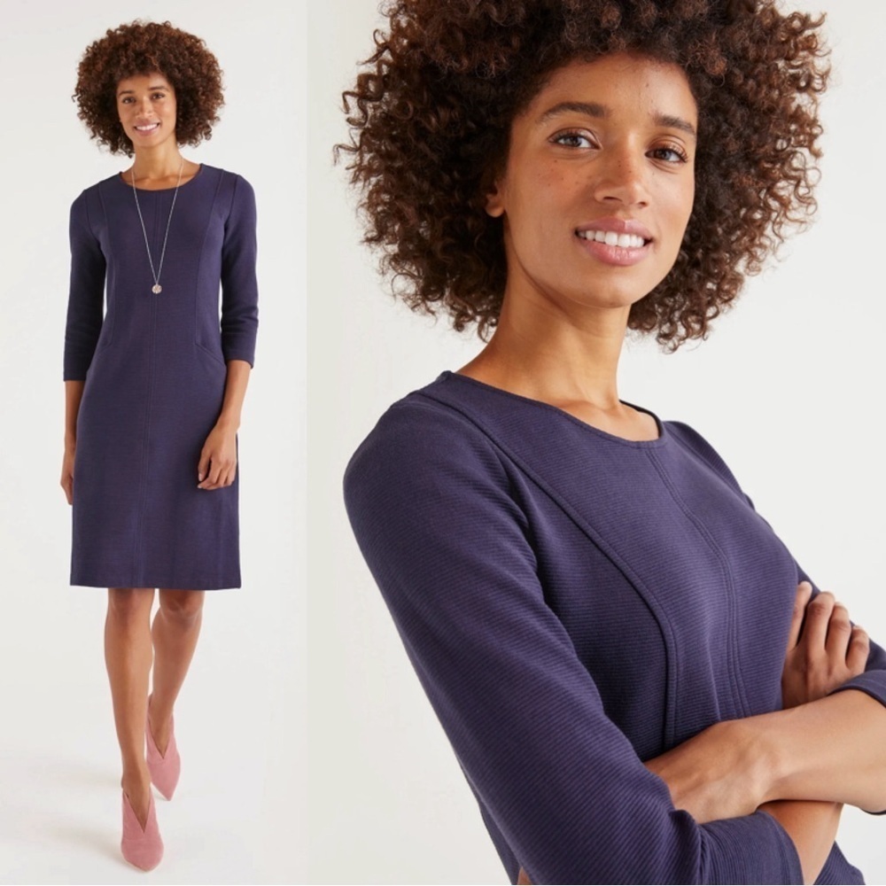Boden • Ellen Ottoman Dress shift sheath knit stretch Navy blue 3/4 sleeve